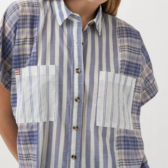 Urban Outfitters BDG Stevie Spliced Button Down Shirt Short Sleeve Relaxed Blue - Picture 4 of 14